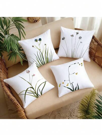 4件套几何图案靠垫套，简约花卉设计，适合家居装饰，可用作靠背垫或装饰枕（不含枕芯）