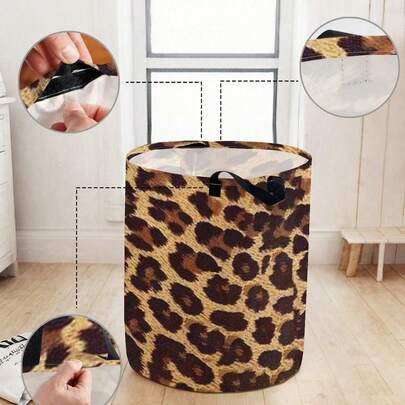 1pc Large Capacity Foldable Leopard Printed Round Laundry Basket With Handle, Portable Dirty Clothes Storage Box, Suitable For Bathroom, Bedroom, Dorm, Wardrobe, Multi-Purpose Storage Basket With Cover, Collapsible Clothing & Bedding Storage Container With Sturdy Zipper