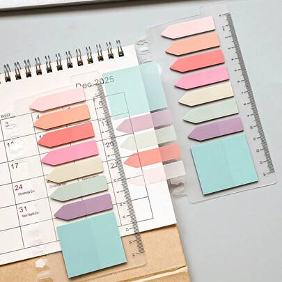 2pcs/Pack, 20pcs Square + 140pcs Pointed PET Plastic Transparent Sticky Notes, Index Tabs, Office File Folder Guides, Student Textbook Markers, School Supplies With Ruler
