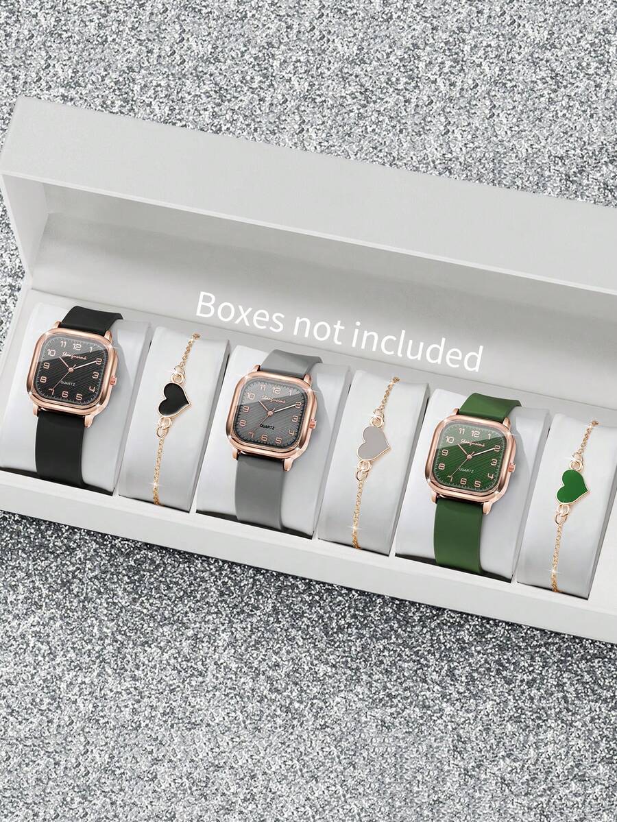 6件套女士硅胶方形数字表盘手表，经典石英腕表+爱心手链（不含表盒） - 彩色 - 查看 1