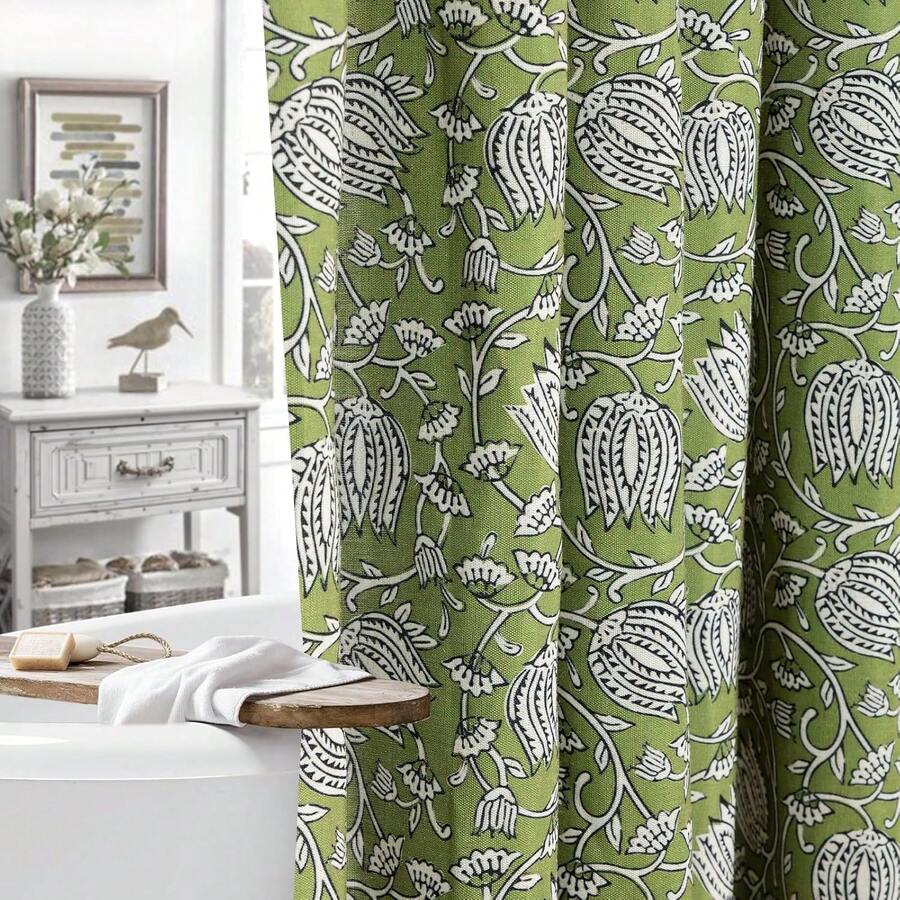 Cortina de ducha con estampado floral en verde salvia - Tela de mezcla de algodón con estampado vintage a bloques, decoración de baño estilo granja francesa, patrón estético de Cottagecore - Ajrakh2 Verde salvia - Ver 1