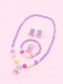 5件套可爱彩色透明树脂小熊吊坠项链、手链、戒指、耳环首饰套装，适合女孩日常佩戴、派对、送礼（珠子颜色随机） - 均碼 - 查看 3