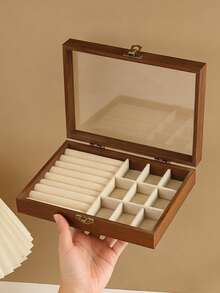 1个大型木质首饰盒，带透明盖，带锁首饰展示盒，天鹅绒内衬首饰收纳托盘，适用于戒指、耳环、项链、新娘婚礼配饰、女士礼物 - 米色 - 查看 7