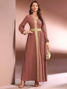 Gilt Belt Long Sleeve Ultra Long Women's Arabian Dress - Coral Orange - View 2