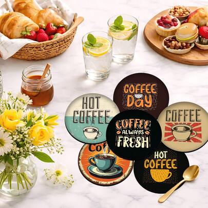 6pcs Vintage Coffee Pattern Coaster Set, Tea Cup Mat, Water Cup Pad, Wine Glass Coaster, Coffee Cup Pad, Round Absorbent Diatomite Coaster Set, Coffee Bar & Kitchen Accessories, Suitable For Home Decor, Party And Tableware Gifts, All Season Home Decor