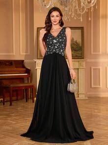 UNITHORSE [Random Cut] Women's V-Neck Floral Sequin Splicing Chiffon Criss-Cross Waist Elegant Party Evening Dress - Black - View 3