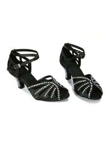 1 Pair Black Rhinestone Embellished Comfortable Mid-Heel Latin Dance Shoes - Black - View 8