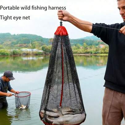 Red de pesca plegable, bolsa de malla gruesa con cierre de cordón, adecuada para atrapar peces, camarones, cangrejos, anguilas y otras capturas de pesca