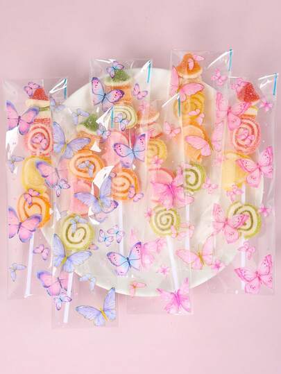 100Pcs Butterfly Pattern Self-Sealing Bag, Gift Packaging Bags, Transparent Plastic Baking Gift Bag, Wedding Decor, Birthday Decor, Gift Wrapping Bag, Treat Bag, Babyshower Decor, Gender Reveal Party Decor, Snack Chocolate Biscuit Baking Bag, Bridal Shower Supplies, Holiday Party Supplies, Party Favors