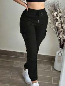 Pantalones cargo de mujer de moda elegantes de unicolor, con bolsillos, cintura elástica y cordón - Negro - Ver 11
