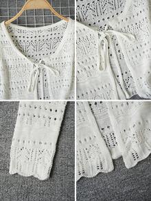 复古柔软V领针织开衫，镂空纹理设计，度假照片氛围上衣，春季款 - 乳白色 - 查看 6