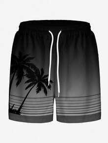男士泳裤，夏威夷假日休闲户外运动沙滩渐变条纹椰子树植物3D数码印花宽松抽绳沙滩短裤 - 黑色 - 查看 3