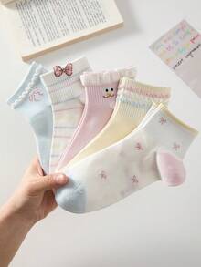 5 paires de chaussettes courtes pour femmes avec nœud et motifs d'expressions mignons, respirantes et antidérapantes, convenant pour le printemps et l'été - Multicolore - Voir 2