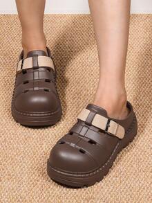 Dép lê nữ kiểu dáng thường ngày có khóa cài, dép xỏ ngón kiểu punk khoét rỗng, dép đế dày chống trơn trượt, dép bít mũi mùa hè. - màu nâu - Xem 7