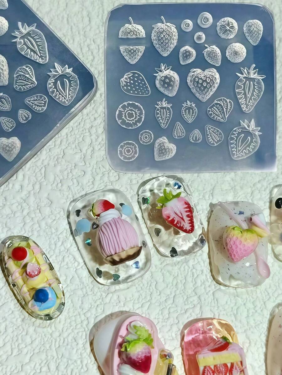 1 pieza Molde de arte de uñas con forma de fruta linda, mini tomate, tomate cherry, fresa, arándano, naranja, limón, molde de silicona transparente