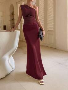 Women's Elegant Solid Color Pleated Backless Satin Patchwork Maxi Dress, Suitable For Outings, Parties, Cocktail Events, Wedding Guests, And Vacations - Màu Đỏ Sâu - Xem 4