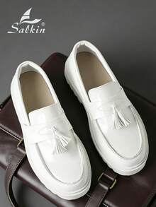 Salkin New Fashion Designer Men's Slip-On Loafers With Tassels, Elegant Gentleman Social Shoes, Glossy Patent Leather, Soft & Comfortable, Pearl White Color, Casual Daily Wear, Back To School Student Style, Thick Sole Height Increasing, Business Formal Dress Shoes, Suitable For Office, Party, Wedding, Holiday Gift, Spring/Summer/Autumn, Size Runs Small, Please Order One Size Up - White - View 11