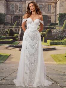 HEARBOBO Elegant Luxurious Medieval White Lace Embroidered Ball Gown, Tulle Mermaid Wedding Dress - White - View 8