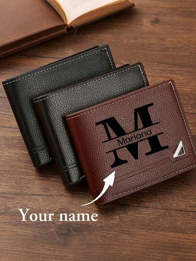 Customized Men's Solid Color Letter Print Short Wallet, Personalized Men's Wallet, Customized Wallet Card Holder, Made Of PU Leather, PU Minimalist Bifold Multi-Card Wallet, Suitable As A Personalized Gift For Brother, Father, Boyfriend, Applicable For Anniversary, Father's Day, Commuting, Business Casual, Daily Basic, Suitable For Anniversary, Birthday And Other Occasions