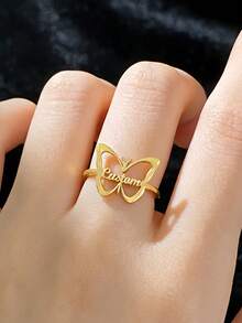 1pc Customized Butterfly Name Ring, Fashionable & Elegant Butterfly Name Open Ring, 304 Stainless Steel Jewelry, Personalized Butterfly Name Ring, Women's Casual Daily Vacation Valentine's Day Gift - Gold - View 5