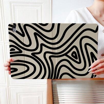1pc Beige Black Wavy Line Art Protective Cover With Pen Slot Multi-Angle Magnetic Stand Cover With Auto Sleep/Wake,Kawaii Tablet Case Compatible With IPad Pro/Air/Compatible With Samsung Galaxy A9/S9/S7/S10+/Compatible With XIAOMI Pad/5/6/7