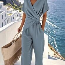 A Set Of Fashionable Multi-Color Jumpsuit Women's V-Neck Twisted Nine Inch Wide Leg Commuting Vacation Jumpsuit - Beige - View 2