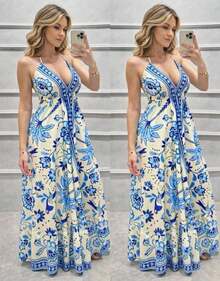 Dress, Random Print, Fabric, Backless / Bare Back, Beach - azul con apagado - Ver 3
