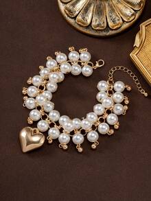 1pc Vintage Elegant Faux Pearl Double-Layer Handmade Beaded Bracelet With Heart Pendant, Delicate Sweet Accessory - Double Pearl Bracelet - View 3
