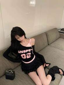 Asymmetric Collar Color Block Long Sleeve T-Shirt, Sweet & Sexy Girl Print Fitted Blouse For Women, Spring/Summer Black - Black - View 6