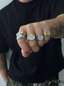 5pcs Fashion Punk Liquid Geometric Metal Rings, Inlaid With Rhinestones, Adjustable Knuckle Rings - Gemstone Matte Ring - View 9