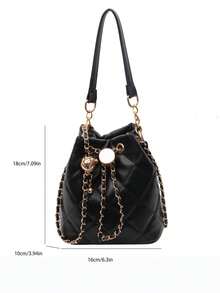 优雅黑色菱形链条抽绳水桶包，新款春夏时尚百搭通勤手提包/单肩包 - 黑色 - 查看 12