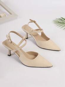 新款女士黑色绒面尖头交叉绑带露跟中跟凉鞋，优雅办公鞋 - 杏色 - 查看 7