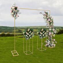SENDERPICK 6.56ft Gold Balloon Stand With 2 Flower Stands, Metal Wedding Backdrop Stand Balloon Stand Set For Home Garden Weeding Party Birthday DIY Decoration - 金色 - 查看 12