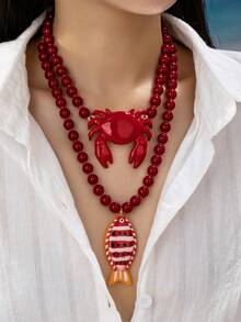 1pc Red Beaded Crab & Fish Pendant Necklace - Bold Ocean Style Statement Necklace With Marine Life Pendant - Beach Vacation Jewelry For Women - Multicolor - View 6