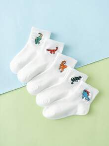 5 Pairs Of Fun Personalized Cartoon Dinosaur Embroidery Pattern Fashion Mid-Calf Socks For Kids - White - View 4