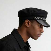 Men Women Felt Beret Hat Stylish Decorative Chain Flat Top Front Wide Brim Painters Cap - 黑色 - 查看 3