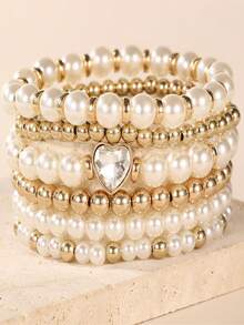 6pcs/Set Beaded Faux Pearl Heart Pendant Bracelet Set For Women, Suitable For Parties And Birthday Gifts - Multicolor - View 2