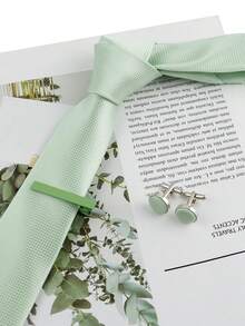 ZLQ&GOU 3pcs Minimalist Sage Green Men's Necktie + Tie Clip + Cufflinks Set, Polyester Micro-Plaid Slim Tie Suitable For Graduation, Prom, Wedding, Party, Daily Accessories, Gift - Mint Green - View 6