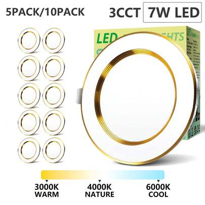 Đèn downlight âm trần Kasotile Luxury viền vàng, ba màu, có thể điều chỉnh độ sáng, công suất 9W, điện áp rộng 85-265V, thích hợp cho phòng ngủ, hành lang, nhà bếp, đèn downlight có chỉ số CRI cao thân thiện với mắt, đường kính 100mm (5/10 chiếc)