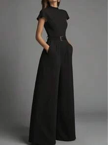 Bộ jumpsuit nữ tối giản, thoải mái, cổ cao, tay ngắn màu đen, thắt eo (không kèm thắt lưng, chỉ để trang trí), thanh lịch cho mùa xuân/hè/thu. - màu đen - Xem 1