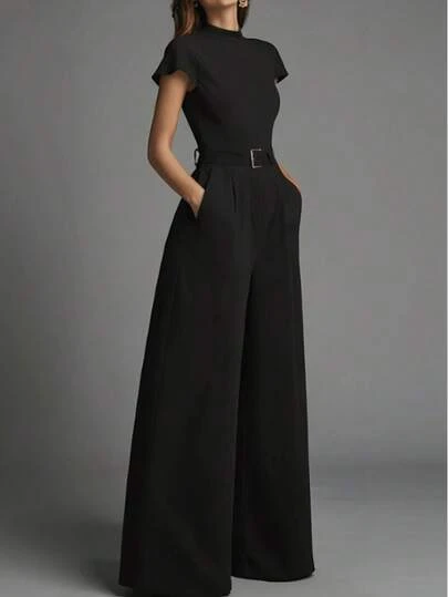 Women's Minimalist Comfortable Black Turtleneck Short Sleeve Jumpsuit, Waist Cinched [No Belt, Belt Is Decorative Only], Spring/Summer/Autumn