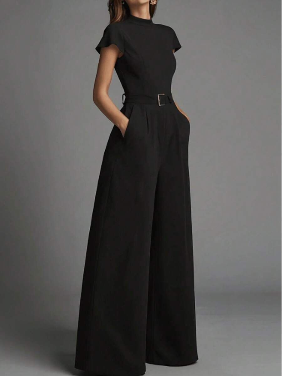 Bộ jumpsuit nữ tối giản, thoải mái, cổ cao, tay ngắn màu đen, thắt eo (không kèm thắt lưng, chỉ để trang trí), thanh lịch cho mùa xuân/hè/thu. - màu đen - Xem 1