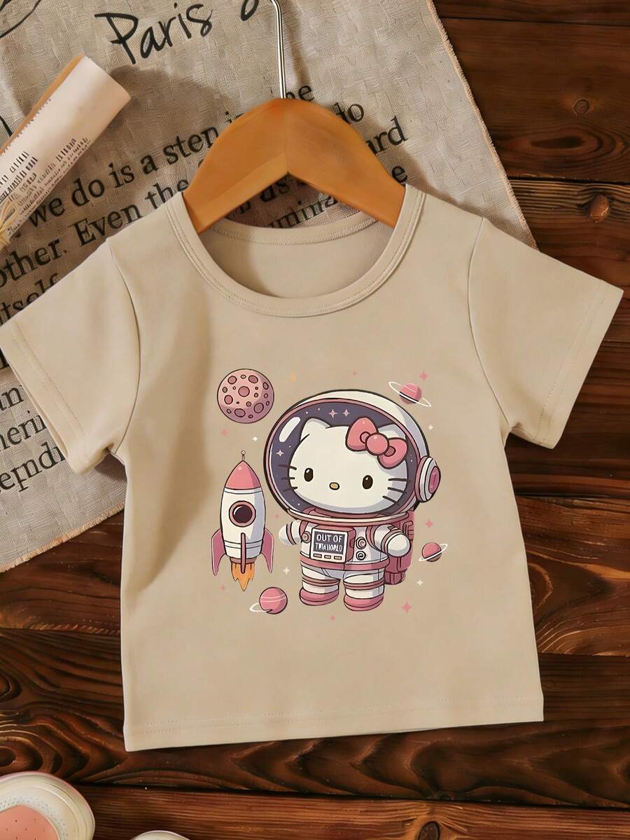 SANRIO Kids' Astronaut T-Shirt, 3-10 Years Old Boys & Girls Crew Neck Short-Sleeve, Cute Space-Themed Print, Fashionable Skin-Friendly Fabric, Daily Casual Basic Item - 杏色 - 查看 1