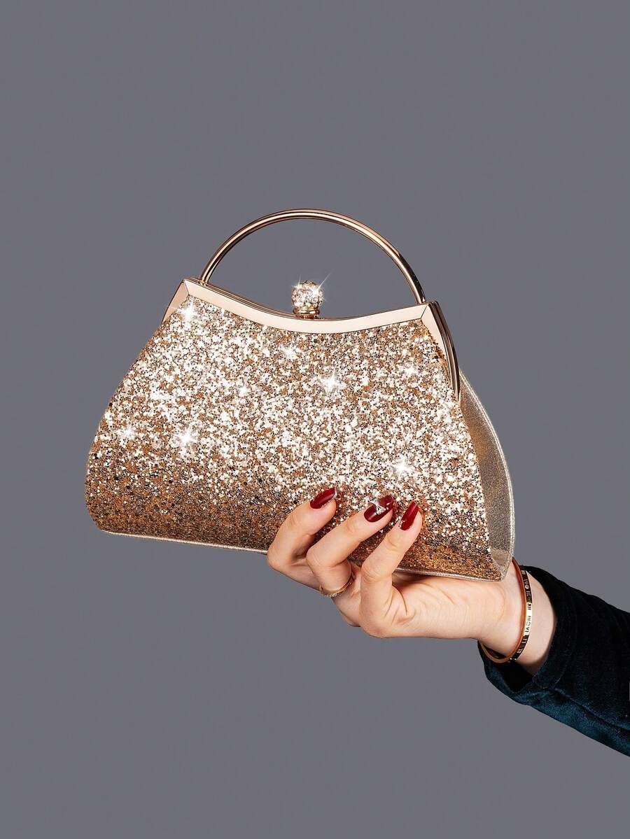 REMANLAND 1 pièce Anneau métallique à poignée rayée de couleur unie, avec décoration de paillettes, fermeture élégante à la mode, convient pour les fêtes, mariages, banquets, pochettes et sacs à main des femmes