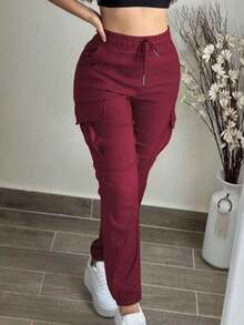 Women's Fashion Elegant Solid Color Casual Pocket Elastic Waist Drawstring Cargo Pants - Màu Đỏ Sâu - Xem 1