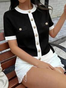 女款黑色 Y2K 風格對比色短袖針織開襟衫，金色鈕扣，寬鬆優雅上衣，適合夏季 - 黑色 - 查看 6