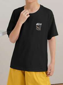 Camiseta de cuello redondo de manga corta con estampado informal para niños preadolescentes, top de verano - Negro - Ver 3