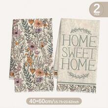 MEMNUN 2入組復古野花Home Sweet Home文字印花廚房毛巾 15.75*23.62in(40*60cm)/ 17.71*27.56in(45*70cm) 柔軟超細纖維材質 洗碗布 刷盤布 手巾 廚房浴室日常家居裝飾 適合廚房與餐廳裝飾 全季節適用 - 彩色 - 查看 2