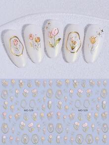 2片装5D立体烫金郁金香美甲贴纸，春夏花卉图案美甲贴花，粉色郁金香叶子设计美甲装饰，女士自粘美甲配件 - 彩色 - 查看 3