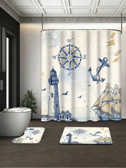4件套复古航海灯塔指南针锚图案浴室浴帘套装，72x72英寸，防水耐用涤纶材质，海岸海洋风格装饰，含浴垫和12个免费挂钩